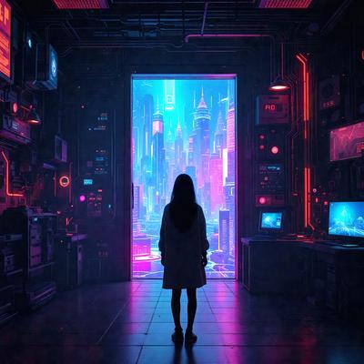 The primary subject of the image is a woman standing in a futuristic city, possibly in a video game or a futuristic setting. She is wearing a white dress and appears to be the main focus of the scene. The setting is a futuristic city with a pink and blue color scheme, giving the image a vibrant and unique atmosphere. The visual style of the image is a combination of photo and digital art, creating a blend of realism and surrealism.